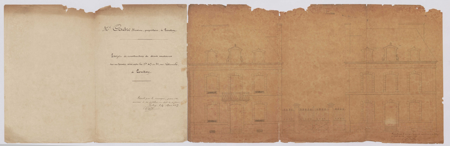Projet de construction de deux maisons sur un terrain situé entre les n°49 et 51 rue nationale à Pontivy par Maxime Cadre : élévation / Pontivy 1887.- plan calque ; 62 x 34cm.
