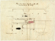 Plan d'un terrain dans la nouvelle ville soumissionné par M. Cocary / Dessin Le Corre Architecte.- Pontivy 1882.- 1 plan : toile, lavis de couleurs, échelle 1:2000 ; 33,5 x 24,5cm.