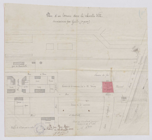 Plan d'un terrain dans la nouvelle ville soumissionné par Guillo / dessin Le Corre architecte.- Pontivy 1883.- plan sur toile, échelle 1:1000e ; 42,5 x 38,5cm.