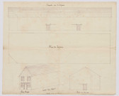 Magasin projeté par Mr Briand, quai d'Arcole : plan du terrain, élévation du pan coupé et de la façade sur le quai. / plan papier, échelle 1:100e ; 61,5 x 40,5cm.