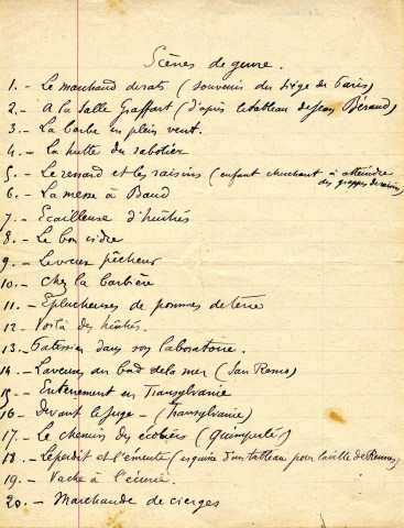 Liste manuscrite de 31 tableaux établie par Chaillou