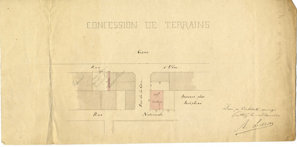 Concession de terrains : plan de localisation du terrain / Dessin Le Corre Architecte.- Pontivy 1878.- 1 plan : papier, lavis de couleurs ; 39 x 19cm.