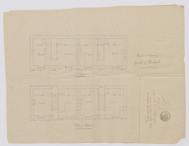 Projet de Messieurs Maudet et Bouhoulec : rez de chaussée et 1e étage / Pontivy 1908.- Plan calque ; 64,5 x 49cm.