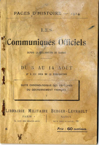 Livret des communiqués officiels ayant eux lieu du 4 au 15 août 1914