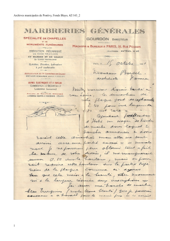 Lettre du marbrier chargé de confectionner la plaque à l'architecte