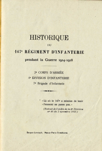 Historique du 147e régiment d'infanterie pendant la guerre 1914-1918
