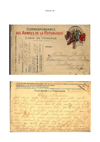Lettre du 30 janvier 1916 de Edmond Blondel à madame Strowska.