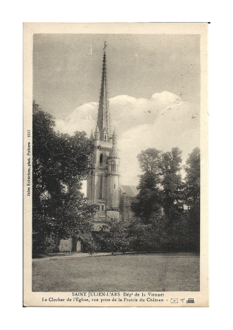 Saint Julien-l’Ars, 23 mars 1916 [Saint Julien - L’Ars – Le clocher de l’église, vue prise de la prairie du château]