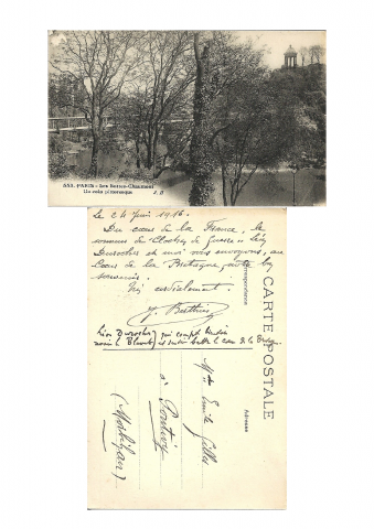 24 juin 1916, carte postale [Paris – les buttes Chaumont – Un coin pittoresque], comprend une annotation de Léon Durocher.