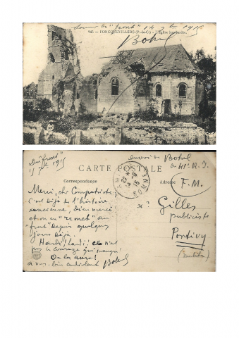 Théodore Botrel, Carte postale de l’église de Foncquevillers après son bombardement.