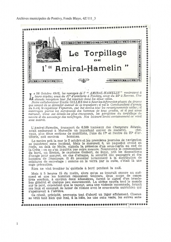 Une notice sur le torpillage de l’amiral Hamelin par Emile Gilles.