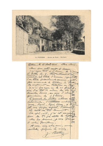 
Poitiers, 5 avril 1916, carte postale [Poitiers – route de Paris – Rochers]