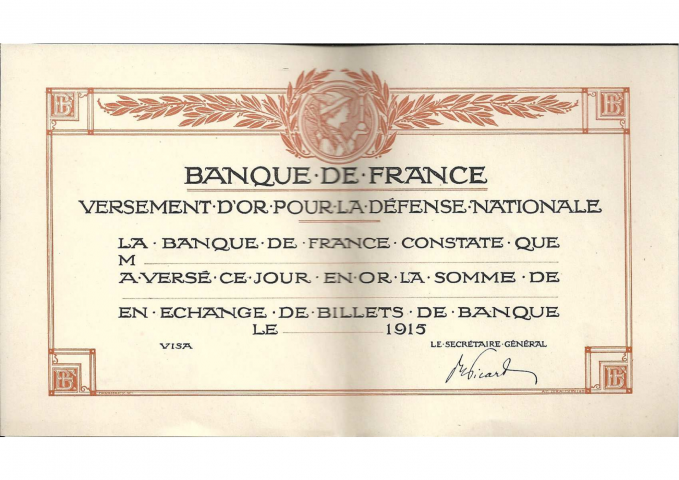 Bons de versement en or pour la défense nationale.