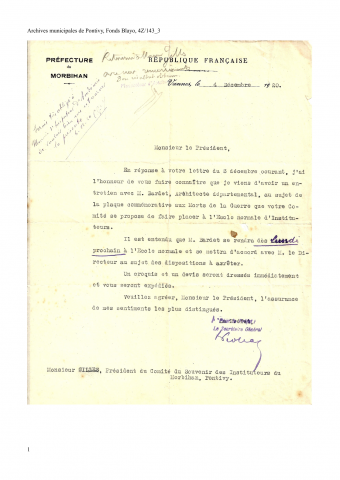 Lettre du Préfet à Emile Gilles, président du Comité