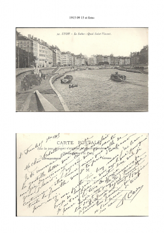 15 septembre 1915 Carte de Saint Fons à Odette [Lyon – la Saône – Quai Saint Vincent] 